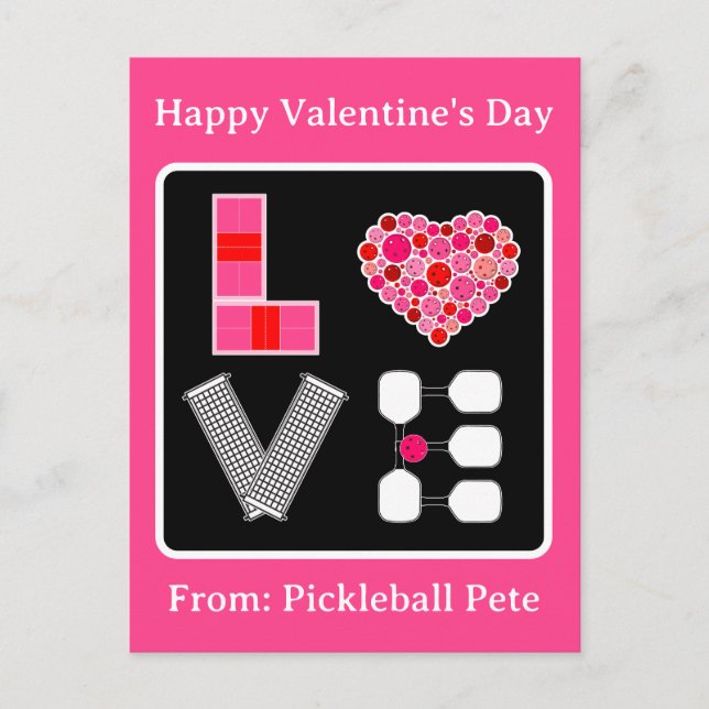 Pickleball Love Heart Court Balls Paddles Pink Red Vykort (Framsida)