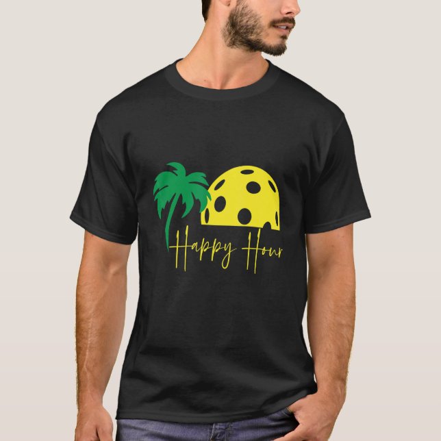 Pickleball LYCKLIG HOUR Huge Sunset Handflatan Trä T Shirt (Framsida)