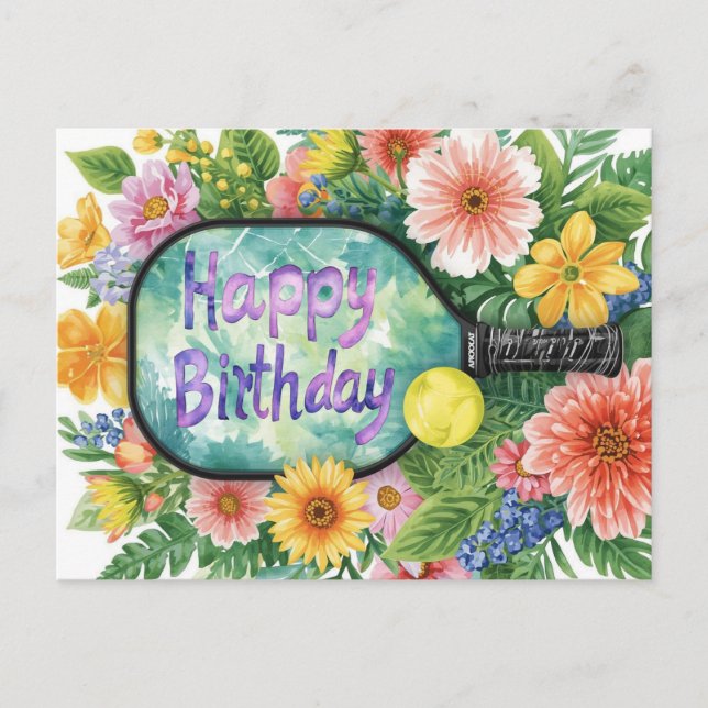 Pickleball med blommor tema Födelsedag Vykort (Framsida)