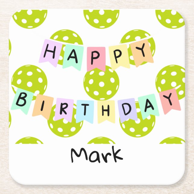 Pickleball med grattis på födelsedagen banderoll underlägg papper kvadrat (Framsidan)