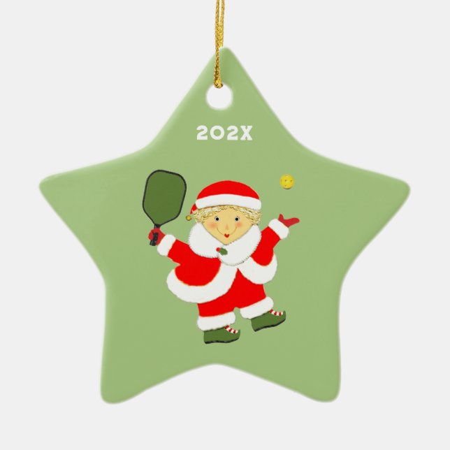 Pickleball Mrs Claus-jul Julgransprydnad Keramik (Framsidan)