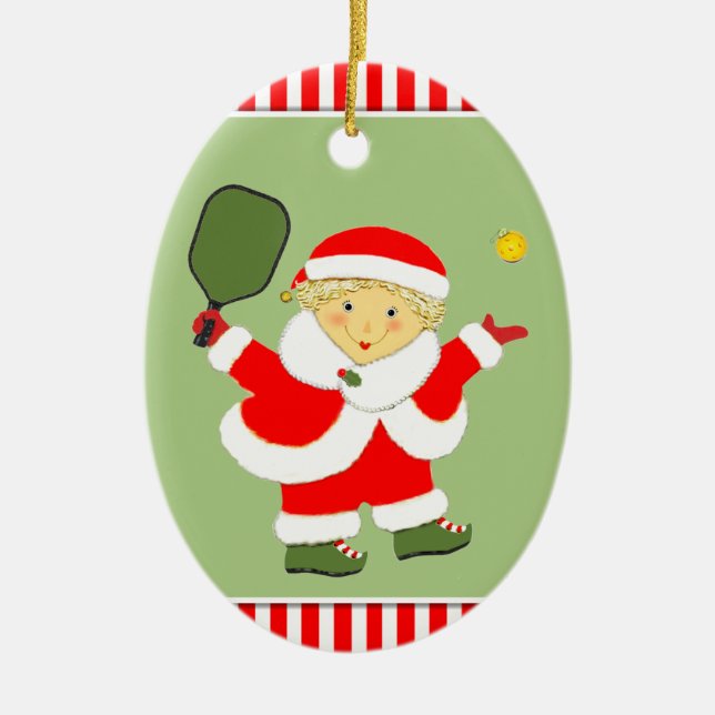 Pickleball Mrs. Claus Julgransprydnad Keramik (Framsidan)