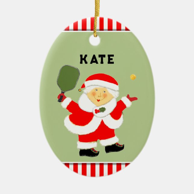 Pickleball Mrs. Claus Samlarobjekt Julgransprydnad Keramik (Framsidan)