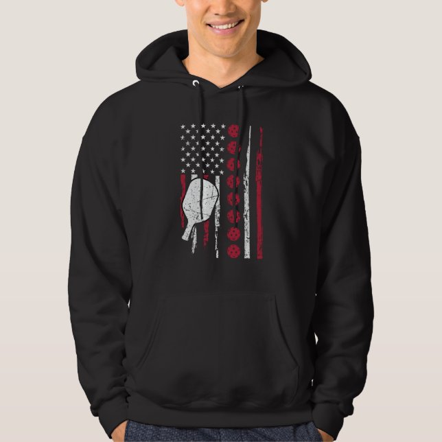 Pickleball Paddle Patriotic US Flag 4Th Of July Hoodie (Framsida)