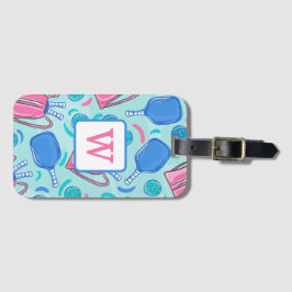 Pickleball Paddles och Bollar Blue Preppy Initial Bagagebricka