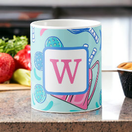 Pickleball Paddles och Bollar Blue Preppy Initial Kaffemugg