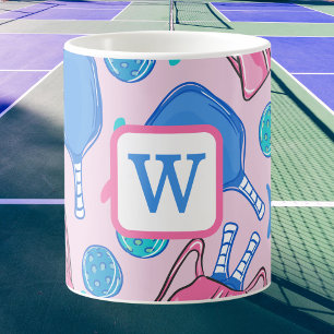 Pickleball Paddles och Bollar Rosa Preppy Initial Kaffemugg