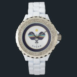 Pickleball Paddles Personlig Namn Blue Gult Armbandsur<br><div class="desc">Plockbollsspelaren eller fläkt i ditt liv kommer att kärlek den här klockan med strimlade blå,  teal-,  rost- och gult-padlar. Namn är anpassade. En del av en samling från Parcel Studios.</div>