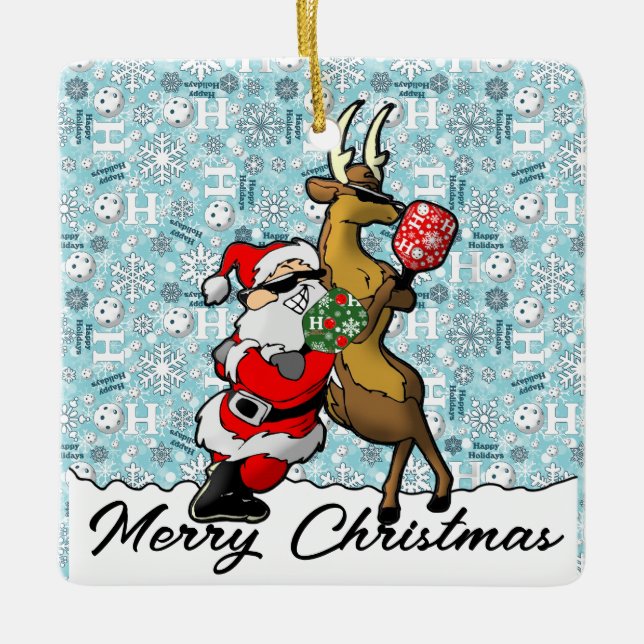 Pickleball Partners Santa & Rener Sleighing It Julgransprydnad Keramik (Framsida)