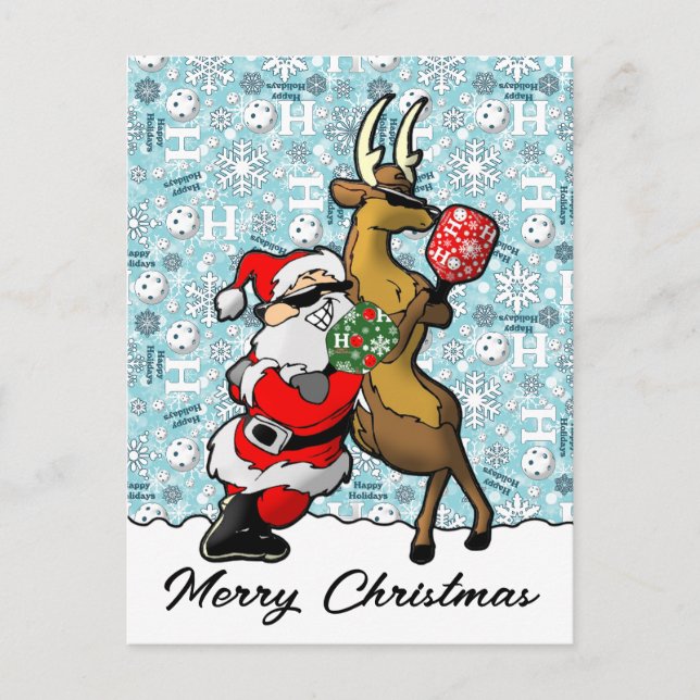 Pickleball Partners Santa & Rener Sleighing It Vykort (Framsida)