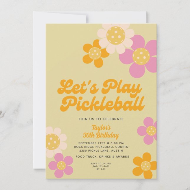 Pickleball Party Groovy Retro Rosa Orange Flowers Inbjudningar (Framsida)