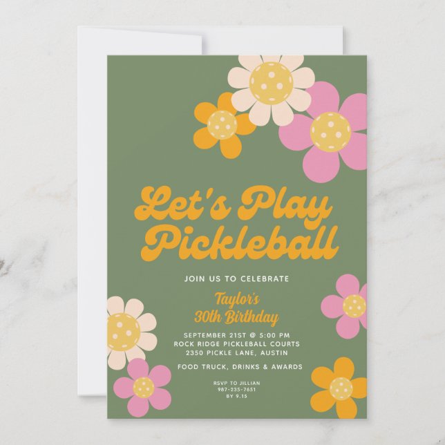 Pickleball Party Groovy Retro Rosa Orange Flowers Inbjudningar (Framsida)