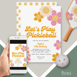 Pickleball Party Groovy Retro Rosa Orange Flowers Inbjudningar