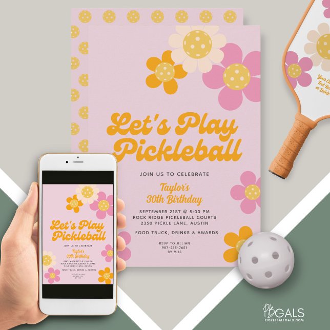 Pickleball Party Groovy Retro Rosa Orange Flowers Inbjudningar (Skapare uppladdad)