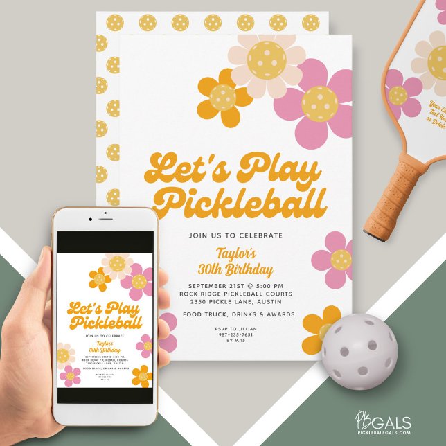 Pickleball Party Groovy Retro Rosa Orange Flowers Inbjudningar (Skapare uppladdad)