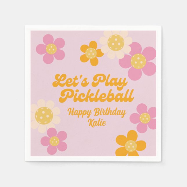 Pickleball Party Groovy Retro Rosa Orange Flowers Pappersservett (Framsidan)