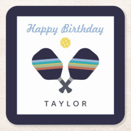 Pickleball Party Sports Mörk blått Stripe Paddes Underlägg Papper Kvadrat