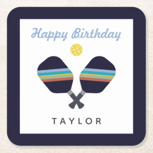 Pickleball Party Sports Mörk blått Stripe Paddes Underlägg Papper Kvadrat