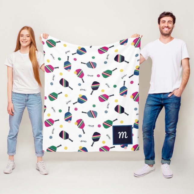 Pickleball Personlig Monogram Blue Grönt Rosa Fleecefilt (På plats)