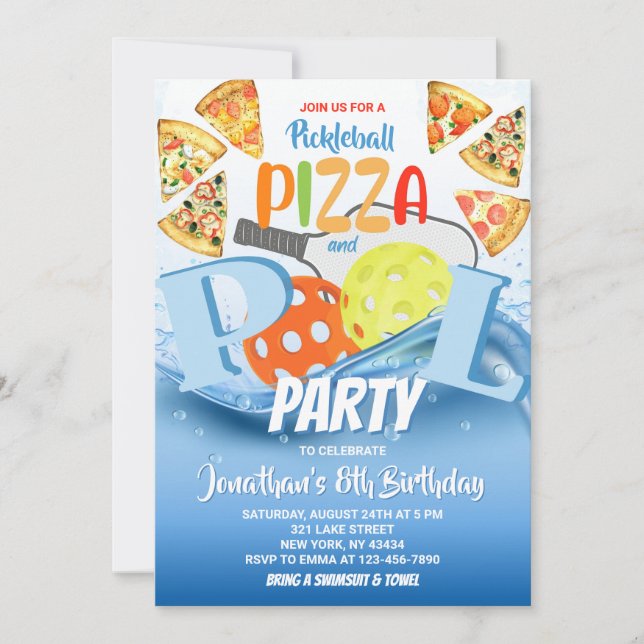 Pickleball Pizza och Poolparty Födelsedag Inbjudningar (Framsida)