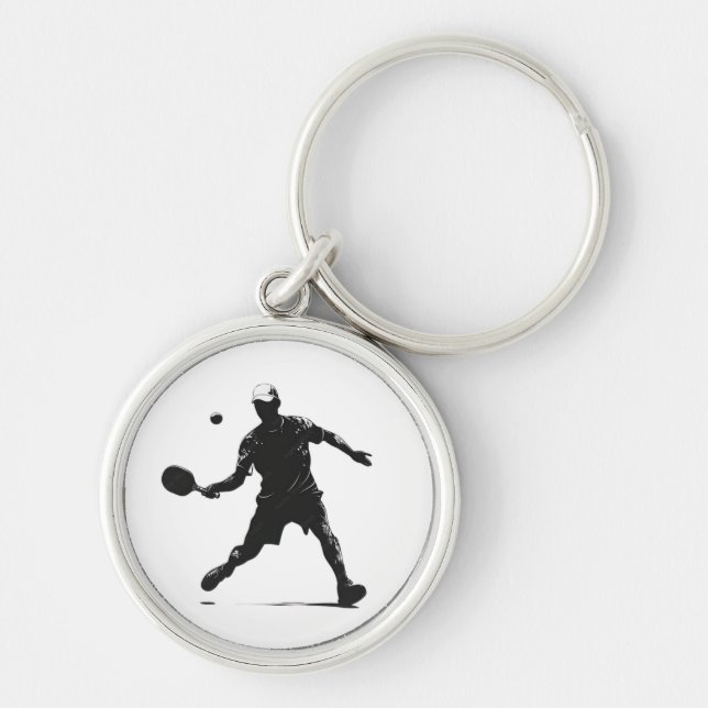 Pickleball Player Silhouette Sport Design Rund Silverfärgad Nyckelring (Framsidan)