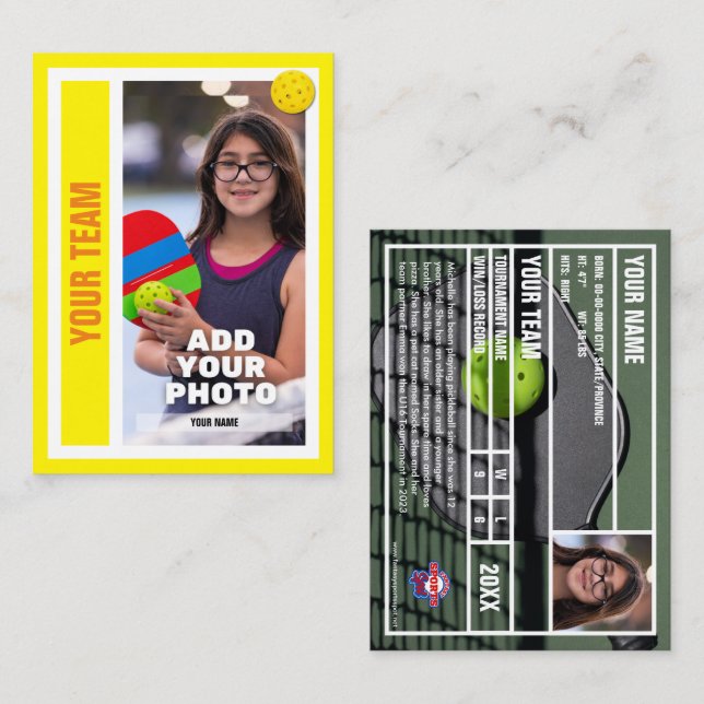 Pickleball Player Trading Card - Bright Gult (Fram/baksida)