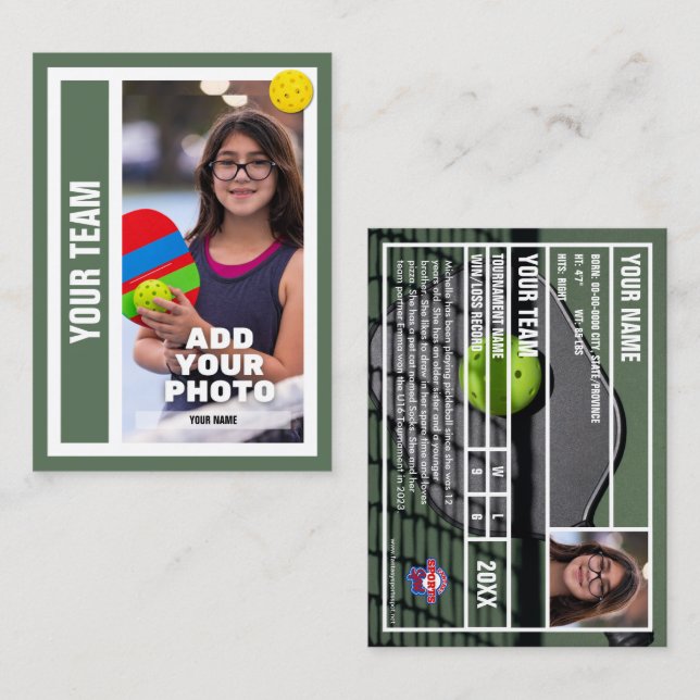 Pickleball Player Trading Card - Court-Grönt (Fram/baksida)