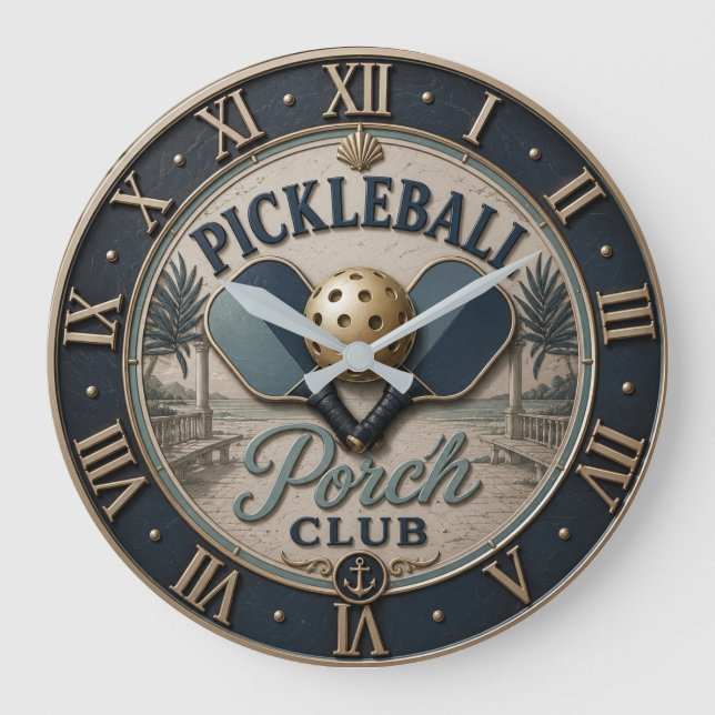 Pickleball Porch Club Rustic Paddle Stor Klocka (Framsida)
