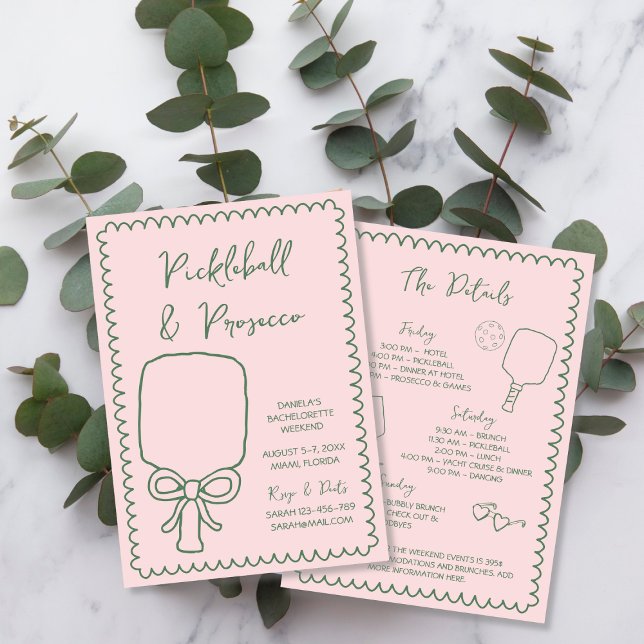 Pickleball & Prosecco Hand plockade Bachelorette Inbjudningar (Pickleball & Prosecco Hand Drawn Bachelorette Invitation)