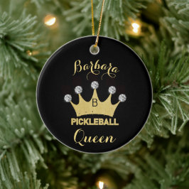 Pickleball Queen Glam Glitz Monogram Namn Guld Julgransprydnad Keramik
