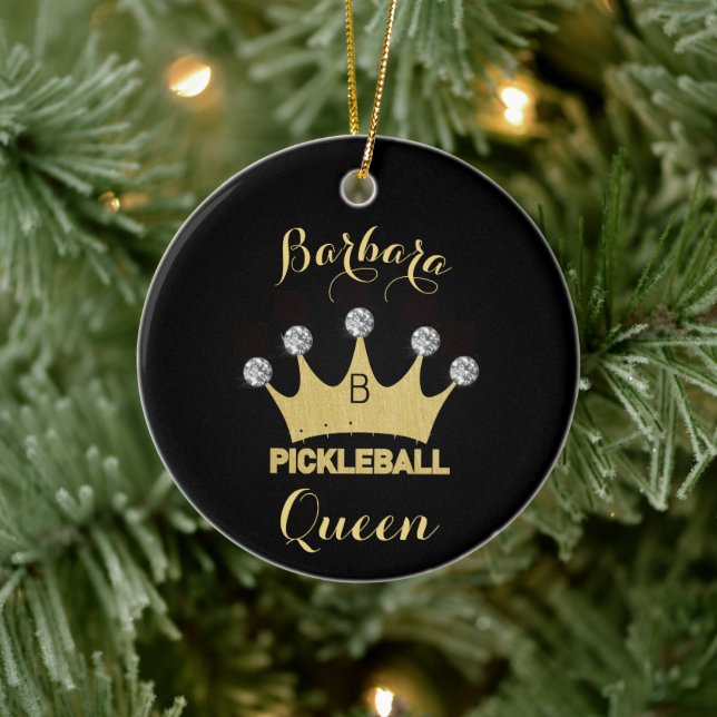Pickleball Queen Glam Glitz Monogram Namn Guld Julgransprydnad Keramik (Träd)