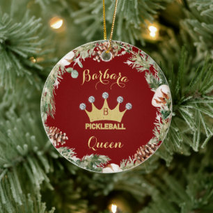 Pickleball Queen Glam Glitz Monogram Namn Julgransprydnad Keramik