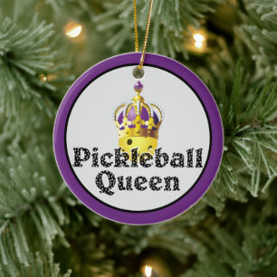 Pickleball Queen, Gult Boll Lila, Guld Krona Julgransprydnad Keramik