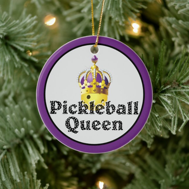 Pickleball Queen, Gult Boll Lila, Guld Krona Julgransprydnad Keramik (Träd)