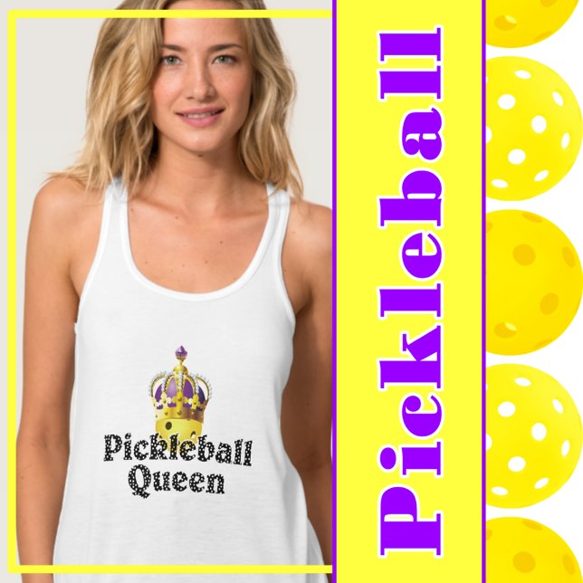 Pickleball Queen, Gult Boll Lila, Guld Krona Linne Med Racerback (pickleball queen yellow pickleball in gold crown with purple.)
