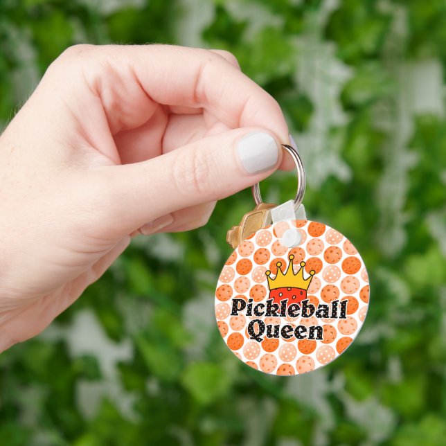 Pickleball Queen - Orange Boll Wearing Guld Krona Nyckelring (Hand)