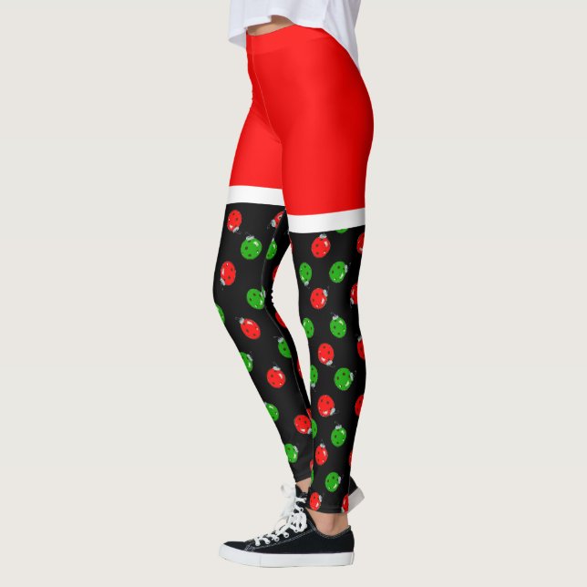 Pickleball Red Santa Shorts Red & Green Ornaments Leggings (Vänster)