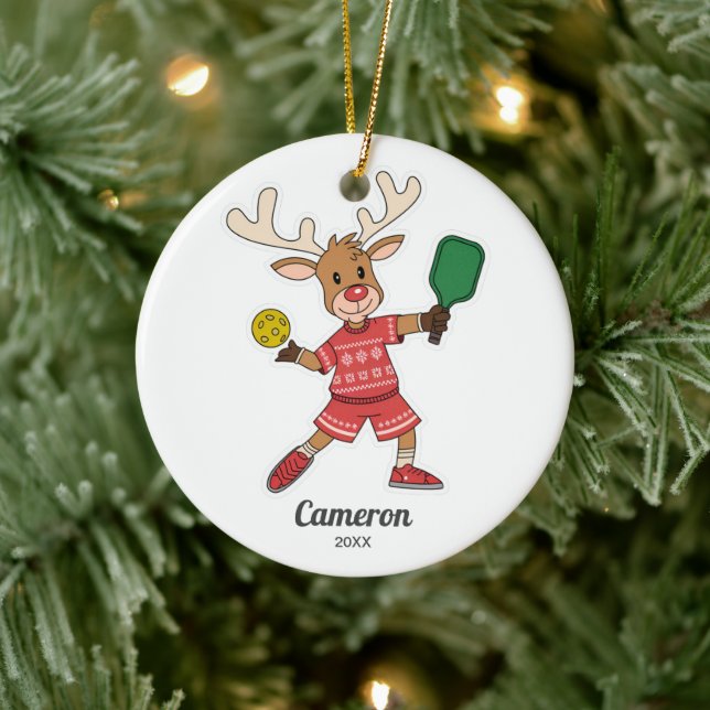 Pickleball Reindeer, Anpassningsbar Photo Julgransprydnad Keramik (Träd)