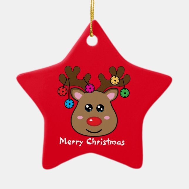Pickleball Reindeer 🎄 ⭐ stjärnform Julgransprydnad Keramik (Framsidan)