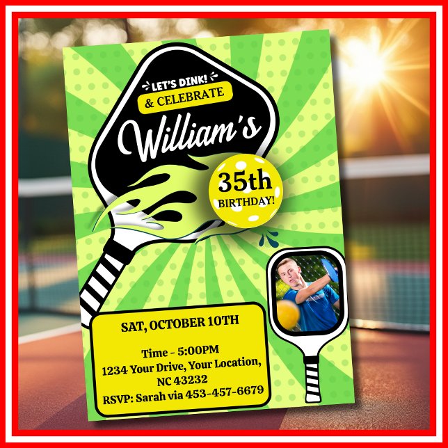 Pickleball RETRO Grönt Sports PHOTO Birthday Inbjudningar (Pickleball RETRO Green Sports PHOTO Birthday Invitation)