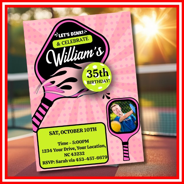 Pickleball RETRO Rosa Sports PHOTO Birthday Inbjudningar (Pickleball RETRO Pink Sports PHOTO Birthday Invitation)