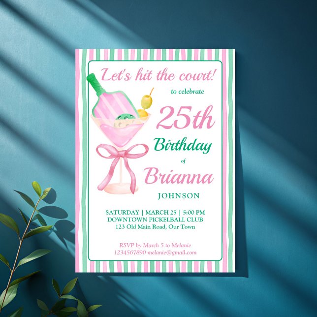 Pickleball rosa och grönt födelsedagsfest inbjudan (Pickleball pink and green coquette bow martini glass adults birthday party invitation template)