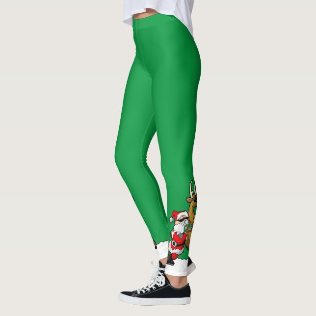 Pickleball Santa and Reindeer Christmas Cool Green Leggings (Vänster)