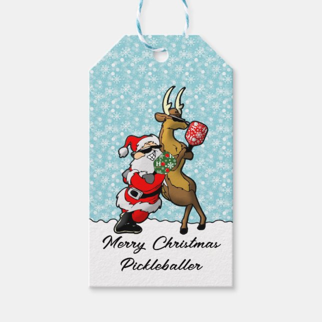 Pickleball Santa och Reindeer Sleighing It Presentetikett (Framsidan)