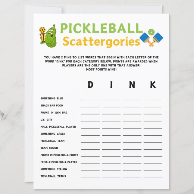 Pickleball Scattergories-spel (Framsida)