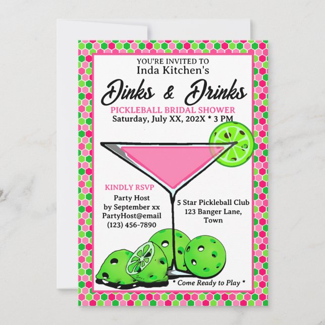 Pickleball Shower Dinks & Drinks Pink Honeycomb Inbjudningar (Framsida)
