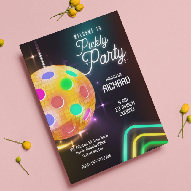Pickleball Sport Neon Tema Disco boll Fest Inbjudningar (Skapare uppladdad)