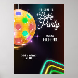 Pickleball Sports Neon Theme Disco boll Party Poster