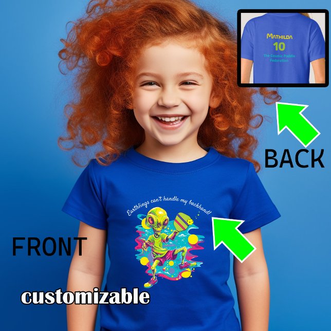 Pickleball-utomskiftet T Shirt (Cute and funny kidn pickleball t shirt with alien playing pickleball,  custom text on both sides)