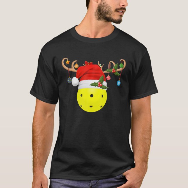 Pickleball Xmas Gift Reindeer Santa Hat Pickleball T Shirt (Framsida)